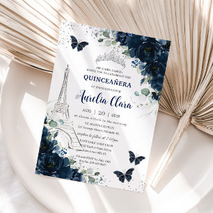Quinceañera Navy Floral Paris Eiffel Butterflies Invitation