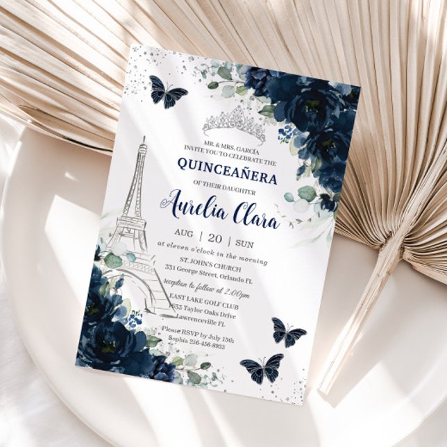 Quinceañera Navy Floral Paris Eiffel Butterflies Invitation (Creator Uploaded)