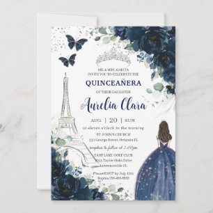 Quinceañera Navy Floral Paris Eiffel Princess Gown Invitation
