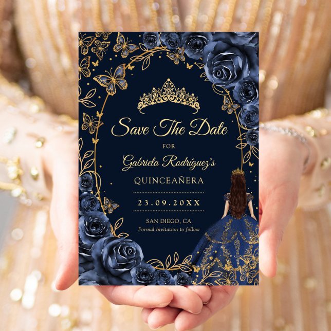 Quinceanera Navy Gold Butterflies Roses Save The Date (Creator Uploaded)