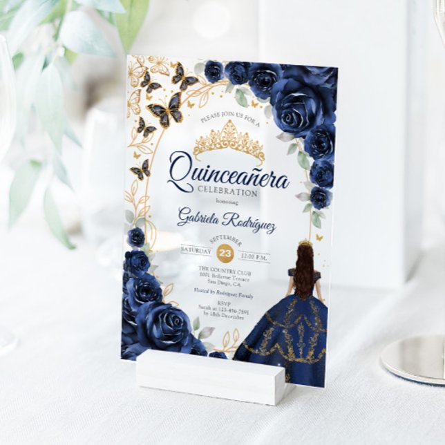 Quinceanera Navy Gold Floral Acrylic Invitations (Creator Uploaded)