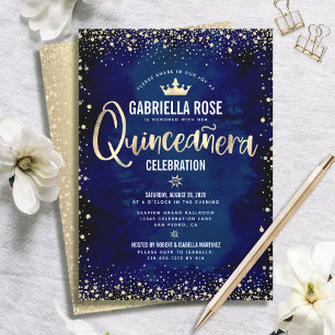 Quinceañera Navy Gold Glitter Foil Princess Crown Invitation