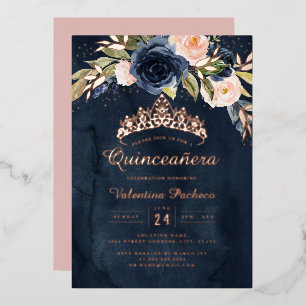 Quinceanera Navy Pink Rose Gold Floral 