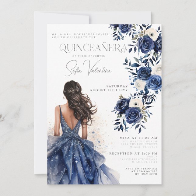 Quinceañera Navy Royal Blue Floral Gown Princess Invitation (Front)