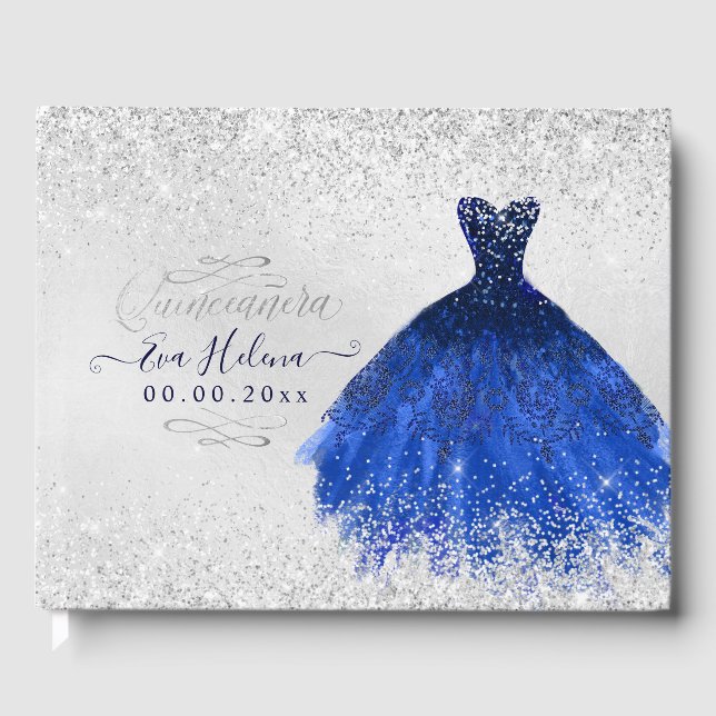 Quinceañera Navy Royal Blue Sparkling Gown Guest Book (Front)
