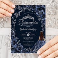 Quinceanera Navy Silver Butterflies Roses