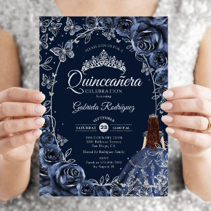 Quinceanera Navy Silver Butterflies Roses Invitation