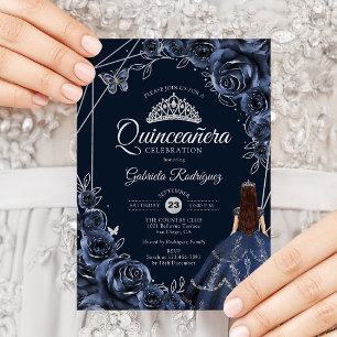 Quinceanera Navy Silver Butterfly Dress Floral Invitation