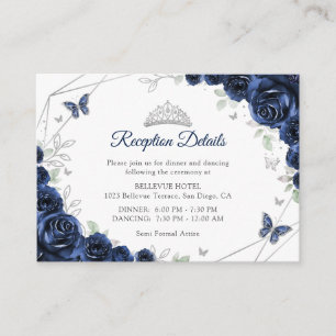 Quinceanera Navy Silver Floral Details Enclosure Card