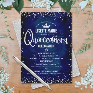 Quinceañera Navy Silver Glitter Princess Crown Invitation