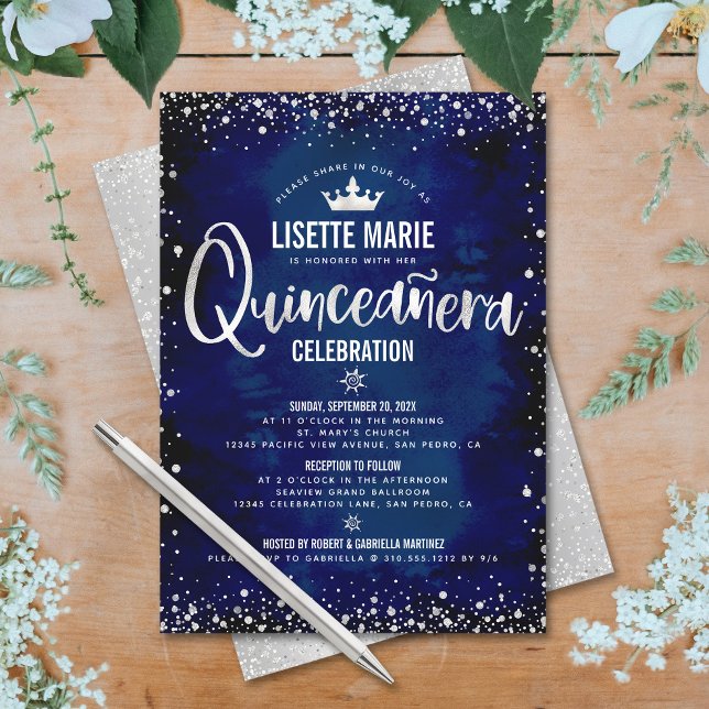 Quinceañera Navy Silver Glitter Princess Crown Invitation (Creator Uploaded)