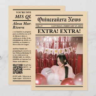 Quinceanera Newspaper Elegant Modern Photo QR Code Invitation