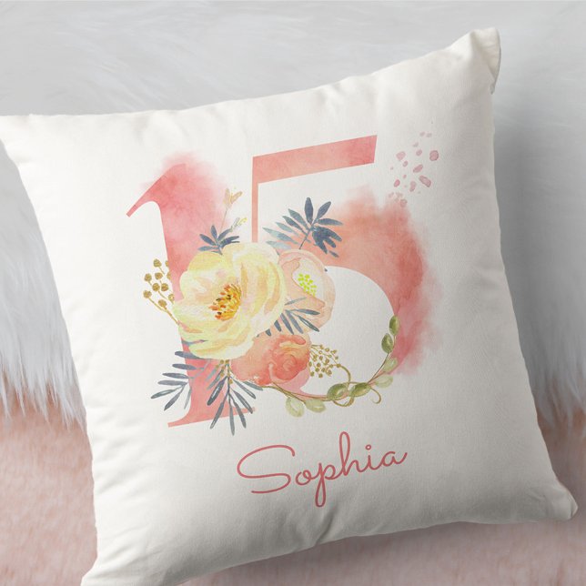 Quinceanera Number 15 Watercolor Mist Floral Cushion (Creator Uploaded)