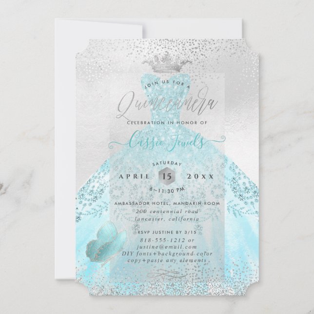 Quinceanera Ombre Blue Butterflies Princess Gown Invitation (Back)