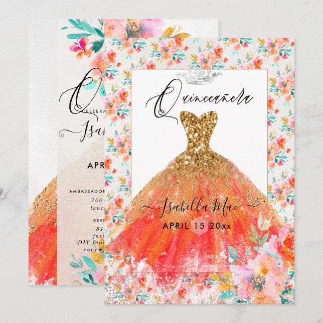 Quinceanera Orange Sparkle Gown Watercolor Flowers Invitation (Front/Back)