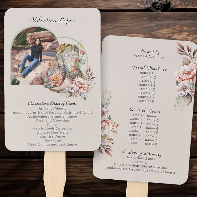 Quinceanera Order of Events Boho Floral Boots Hand Fan (Order of Events program fans from my Boho Floral Cowgirl Boots Quinceanera Collection
)