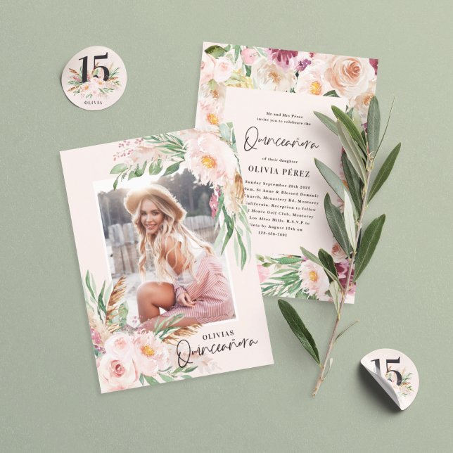 Quinceañera pale pink girly floral photo birthday invitation (Creator Uploaded)