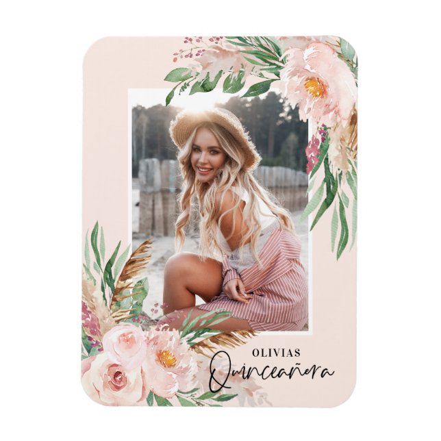 Quinceañera pale pink girly floral photo birthday  magnet (Vertical)