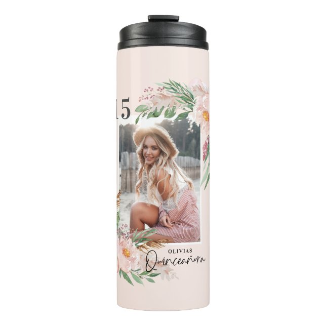 Quinceañera pale pink girly floral photo birthday thermal tumbler (Front)