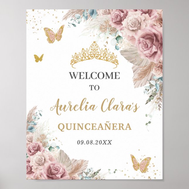 Quinceañera Pampas Grass Blush Floral Butterflies  Poster (Front)