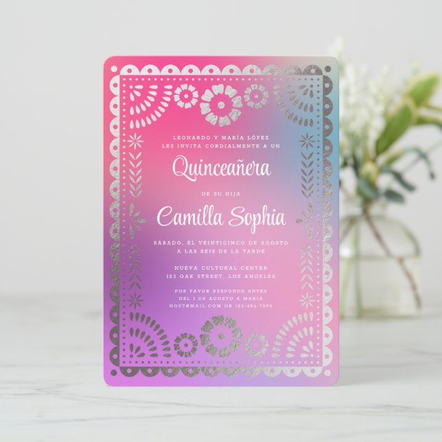 Quinceañera Papel Picado Fun Gradient Pink Silver Invitation (Standing Front)