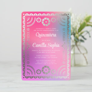 Quinceañera Papel Picado Fun Gradient Pink Silver Invitation