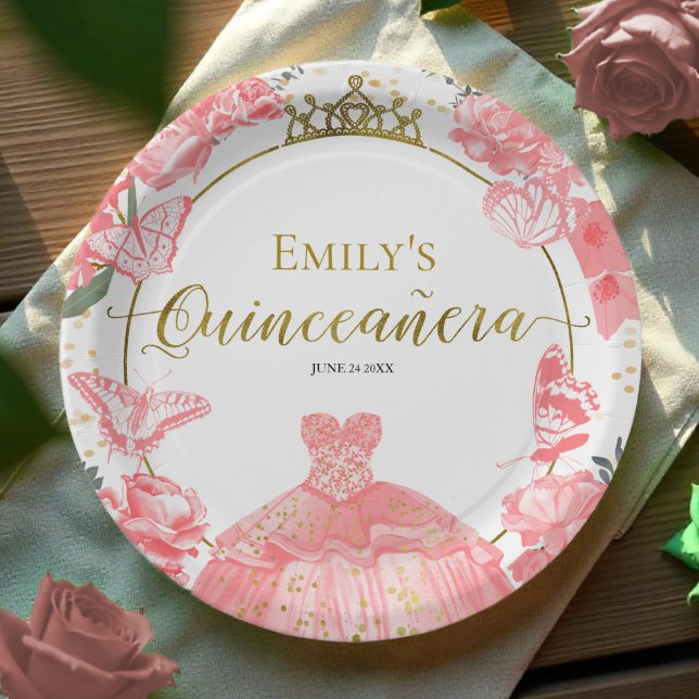 Quinceanera Paper Plates Pink Dress Floral Gold (Creator Uploaded)