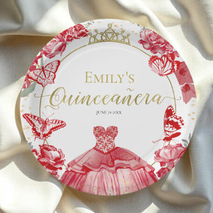 Quinceanera Paper Plates Red Dress Floral Gold