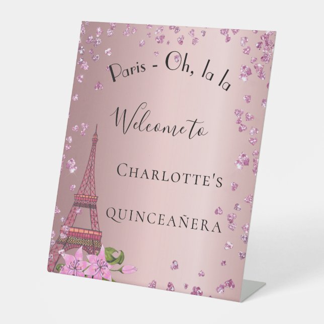 Quinceanera Paris blush pink eiffel tower welcome  Pedestal Sign (Front)