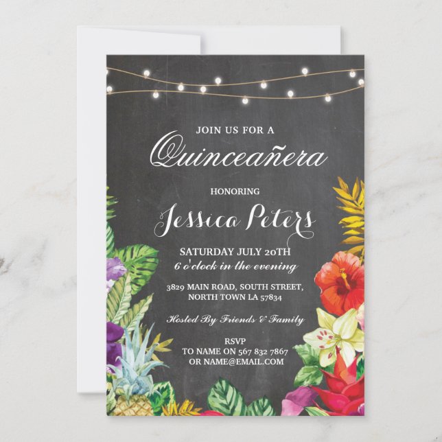 Quinceanera Party Aloha Tropical Lights Invite 15 (Front)