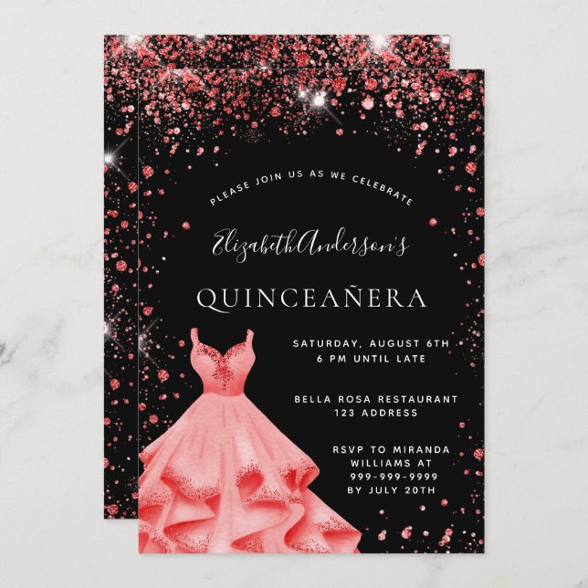Quinceanera party black red glitter dress invitation (Front/Back)