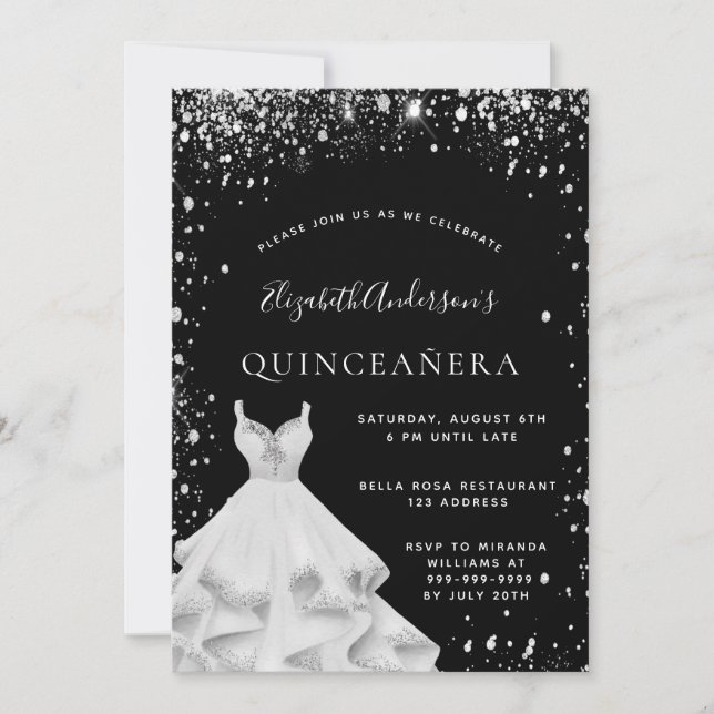 Quinceanera party black silver glitter dust dress invitation (Front)