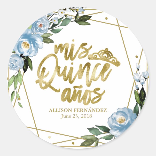 Quinceanera Party Gold Foil Dusty Blue Floral  Classic Round Sticker (Front)