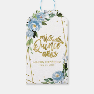 Quinceanera Party Gold Foil Dusty Blue Floral  Fav Gift Tags