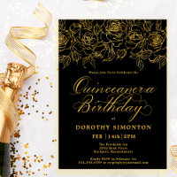 Quinceanera Party Gold Rose Floral Black
