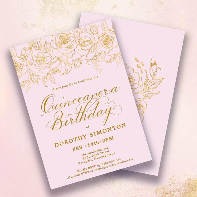 Quinceanera Party Gold Rose Floral Blush Pink Invitation (Creator Uploaded)