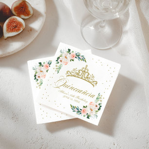 Quinceanera Party Gold Tiara Blush Pink Floral Napkin