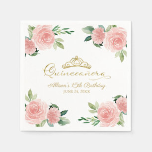 Quinceanera Party Gold Tiara Blush Pink Floral Napkin