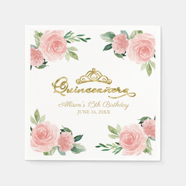 Quinceanera Party Gold Tiara Blush Pink Floral Napkin (Front)