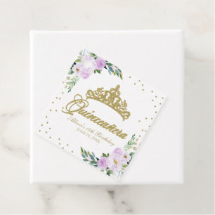 Quinceanera Party Gold Tiara Purple Lilac Floral  Favour Tags