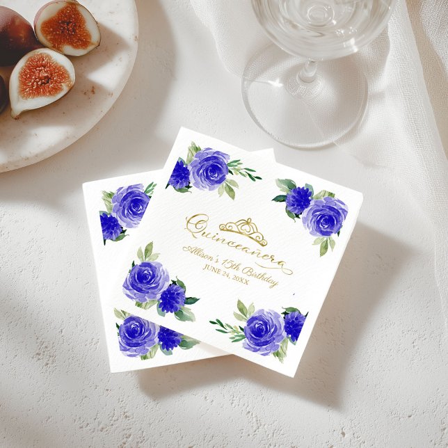 Quinceanera Party Gold Tiara Royal Blue Floral  Napkin (Creator Uploaded)