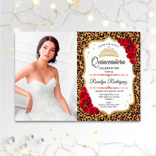 Quinceanera Party - Leopard Print Red White Photo Invitation