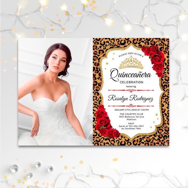 Quinceanera Party - Leopard Print Red White Photo Invitation (Creator Uploaded)
