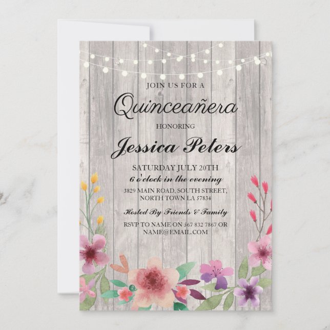 Quinceanera Party Lights Rustic Wood Floral Invite (Front)