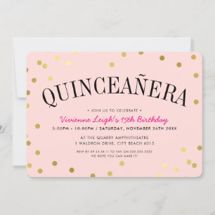 QUINCEAÑERA PARTY luxe gold confetti spots pink Invitation