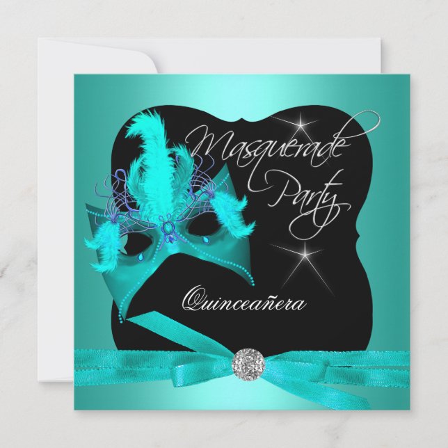 Quinceanera Party Masquerade Teal Black Invitation (Front)