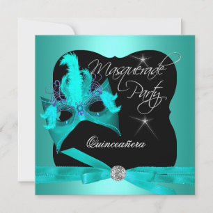 Quinceanera Party Masquerade Teal Black Invitation