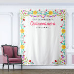 Quinceanera Party Photo Backdrop Mexican Flowers Tapestry<br><div class="desc">Colourful Quinceanera photo backdrop, personalised with your name and celebration date. This large white tapestry is a great size for your photo booth backdrop for taking precious snaps of yourself and your guests. The Mexican Fiesta flowers make a lovely floral frame for your photo background. This design is perfectly suited...</div>