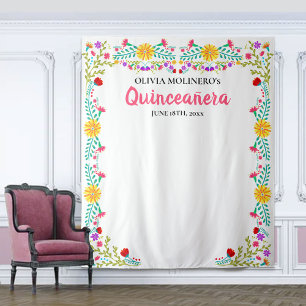 Quinceanera Party Photo Backdrop Mexican Flowers Tapestry