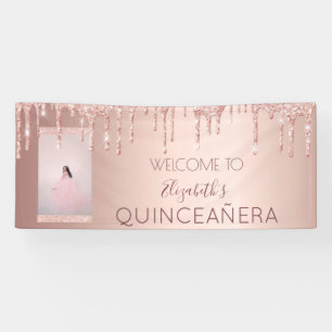 Quinceanera party photo rose gold glitter welcome banner